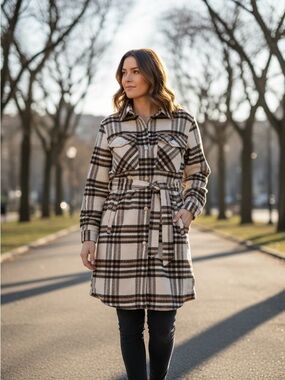 Ci Sono Beige and Brown Plaid Belted Trench Shacket